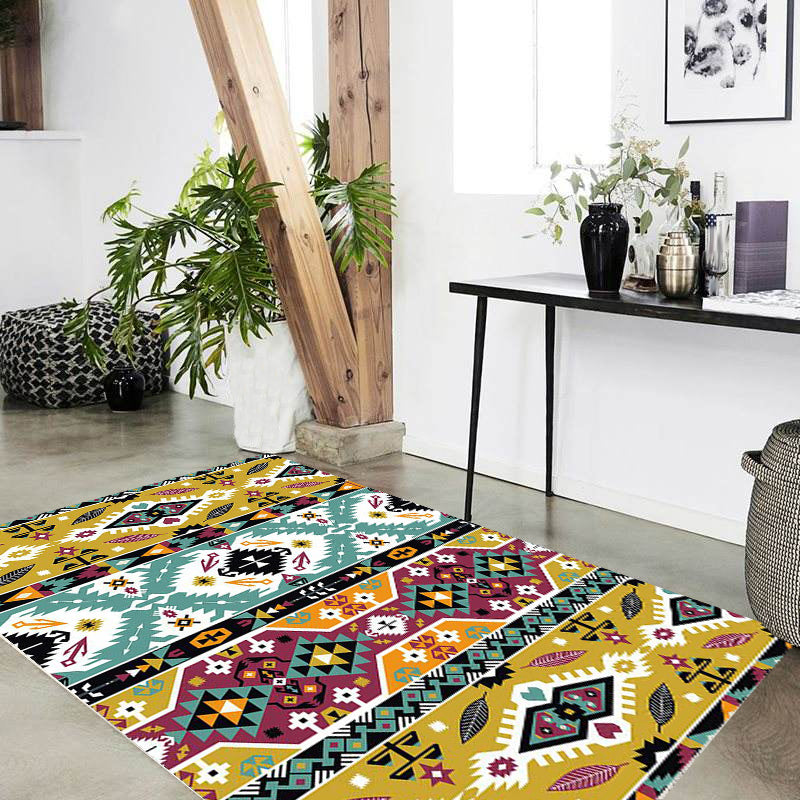 Striped geometric Indian tribal rug with botanical motifs and bows, polyester stain-resistant rug in yellow and green
