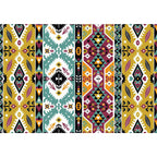 Striped geometric Indian tribal rug with botanical motifs and bows, polyester stain-resistant rug in yellow and green