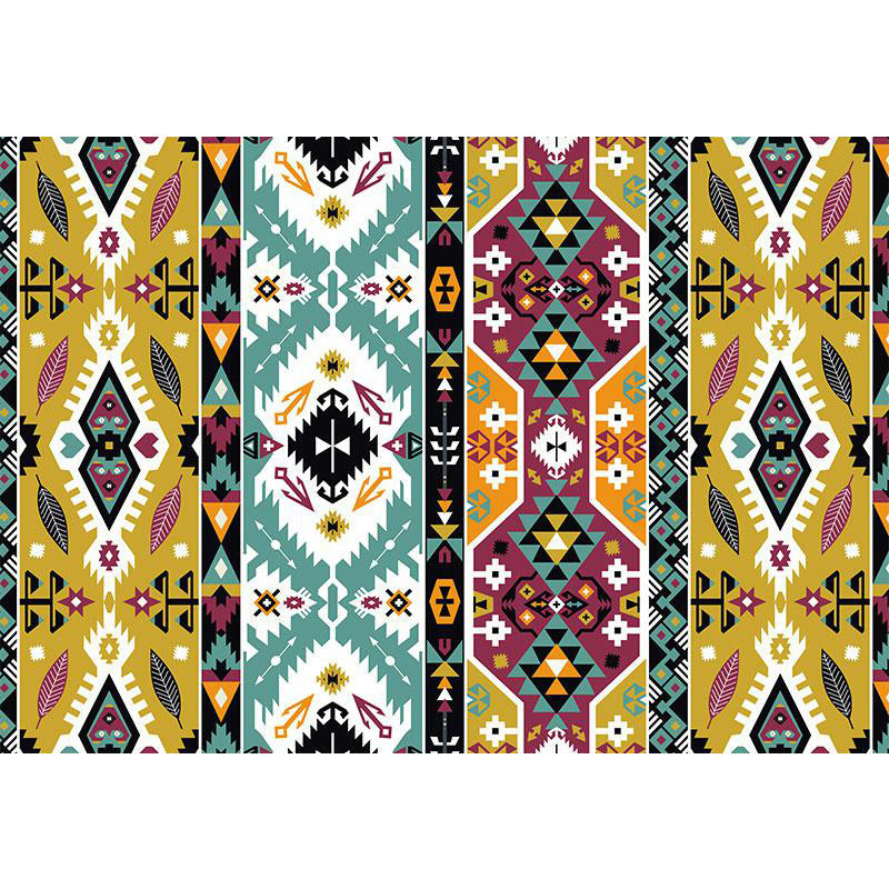 Striped geometric Indian tribal rug with botanical motifs and bows, polyester stain-resistant rug in yellow and green