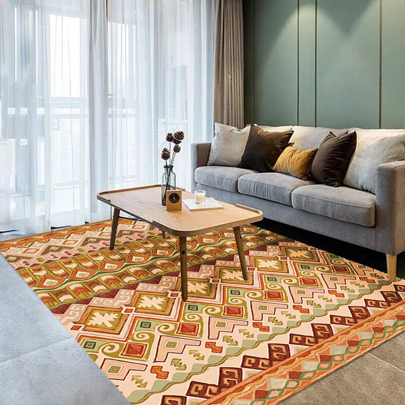Orange Americana Indoor Mat Striped Indian Tribal Graphic Rug with Feather Headscarf Synthetic Non-Slip Backing Rug