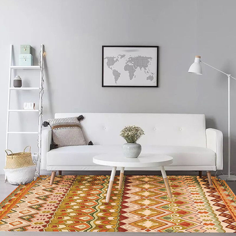 Orange Americana Indoor Mat Striped Indian Tribal Graphic Rug with Feather Headscarf Synthetic Non-Slip Backing Rug