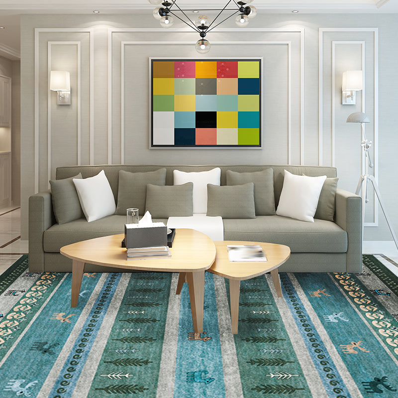 Bohemian striped geometric rug with botanical and animal motifs synthetic non-slip backing pet-friendly area rug