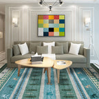 Bohemian striped geometric rug with botanical and animal motifs synthetic non-slip backing pet-friendly area rug