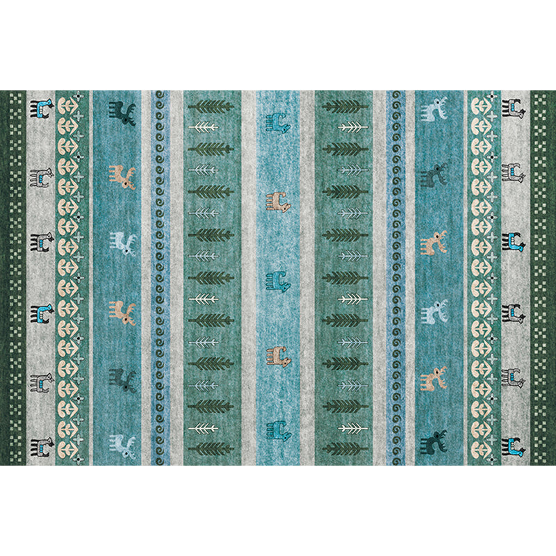 Bohemian striped geometric rug with botanical and animal motifs synthetic non-slip backing pet-friendly area rug