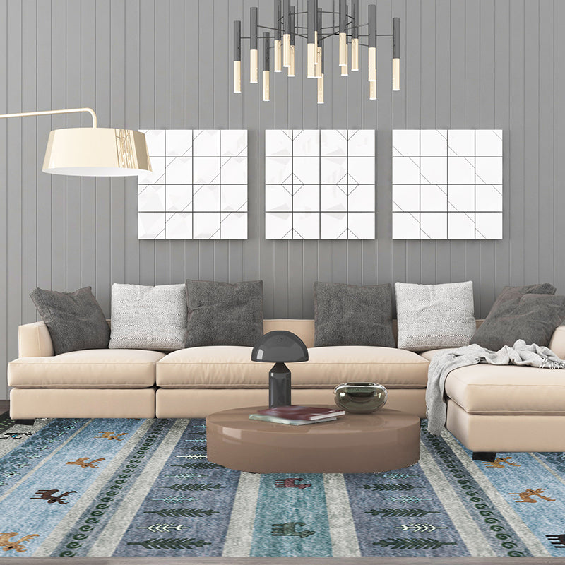 Bohemian striped geometric rug with botanical and animal motifs synthetic non-slip backing pet-friendly area rug