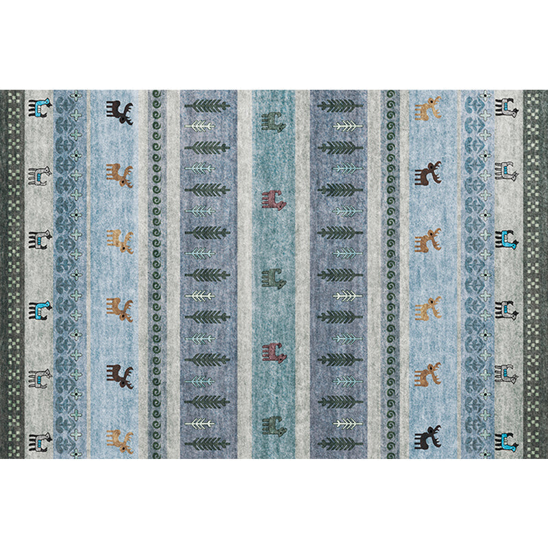 Bohemian striped geometric rug with botanical and animal motifs synthetic non-slip backing pet-friendly area rug