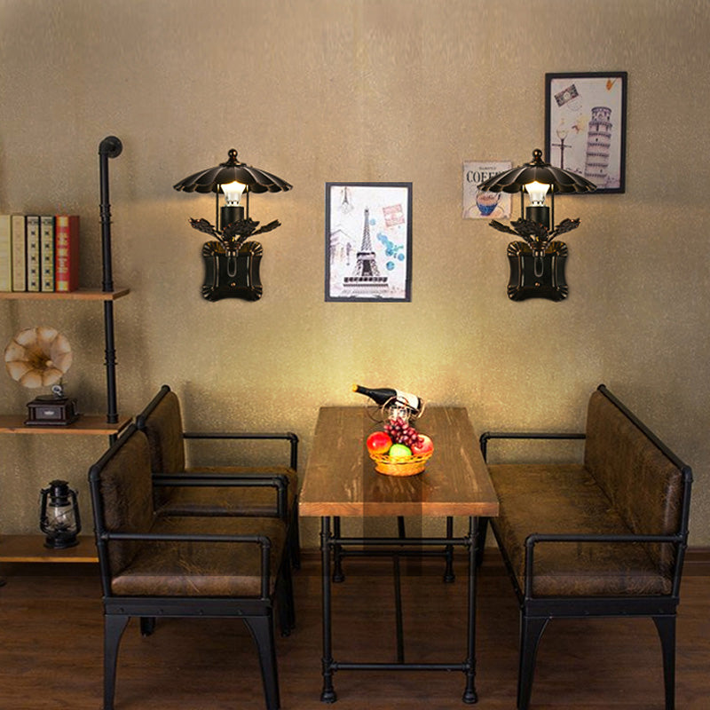 Metal Bronze Wall Lamp Cone 1-Light Industrial Wall Lamp with Leaf Decoration and Square Back Plate