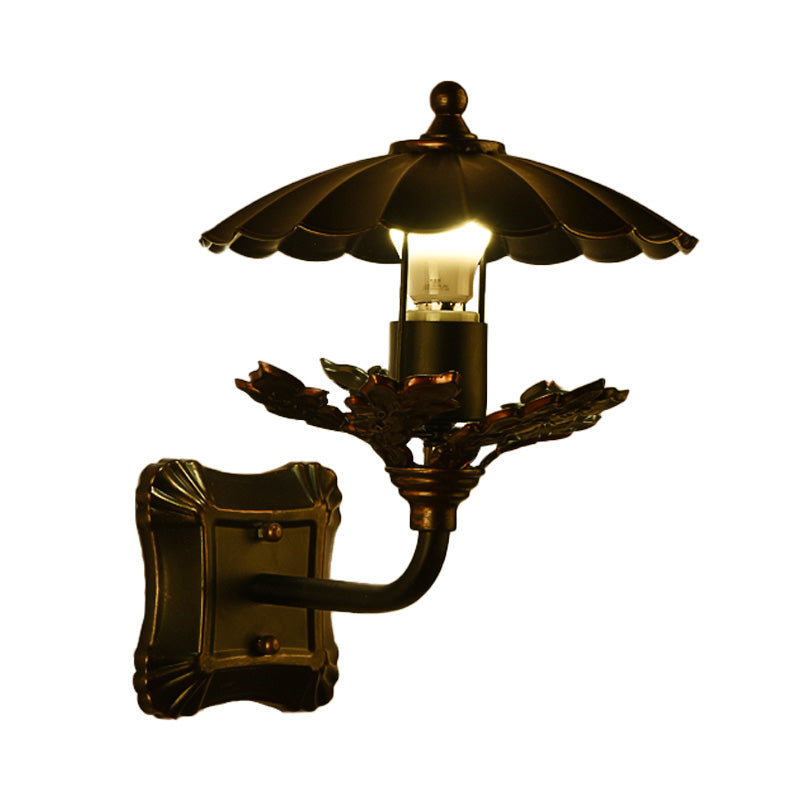 Metal Bronze Wall Lamp Cone 1-Light Industrial Wall Lamp with Leaf Decoration and Square Back Plate