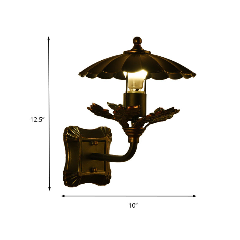 Metal Bronze Wall Lamp Cone 1-Light Industrial Wall Lamp with Leaf Decoration and Square Back Plate