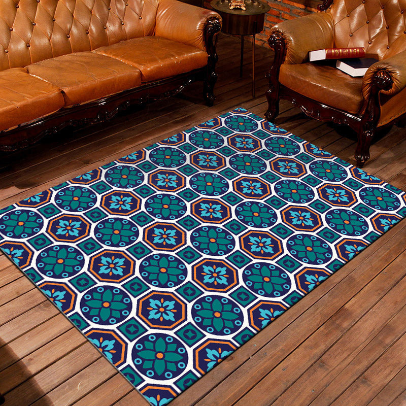 Eastern geometric floral pattern rug in green Moroccan rug polyester non-slip backing rug for bedroom