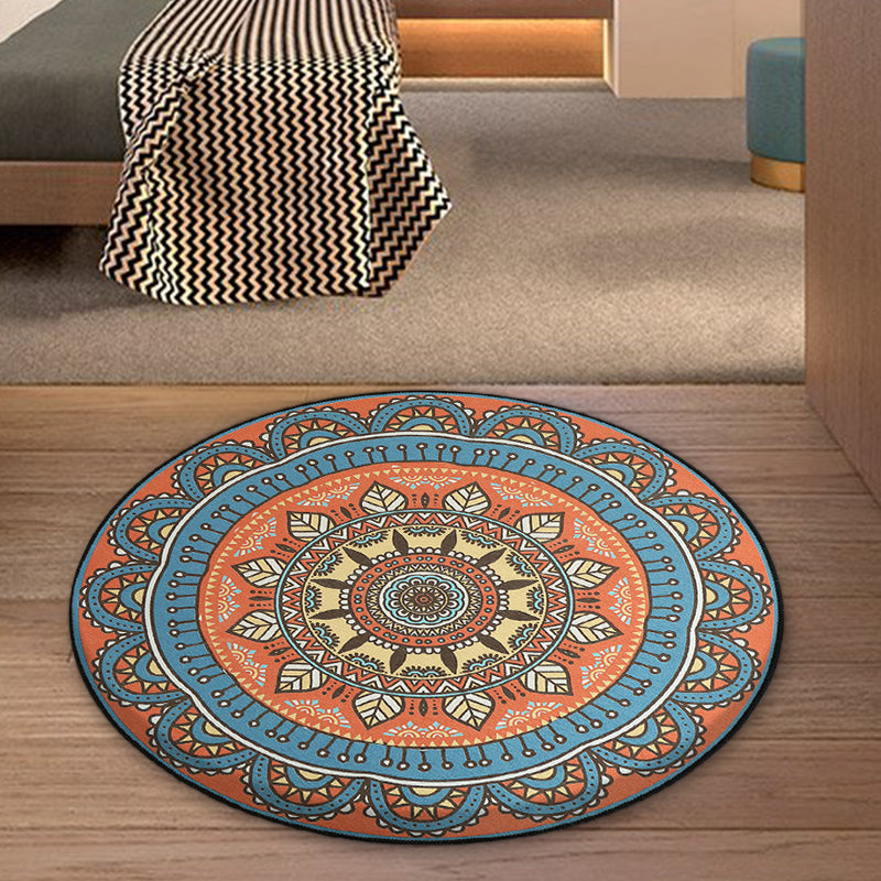 Blue and Orange Tribal Carpet with Leaf Polyester Southwestern Print Non-Slip Back Carpet for Bedroom