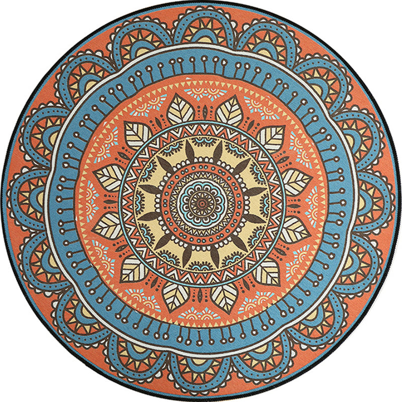 Blue and Orange Tribal Carpet with Leaf Polyester Southwestern Print Non-Slip Back Carpet for Bedroom