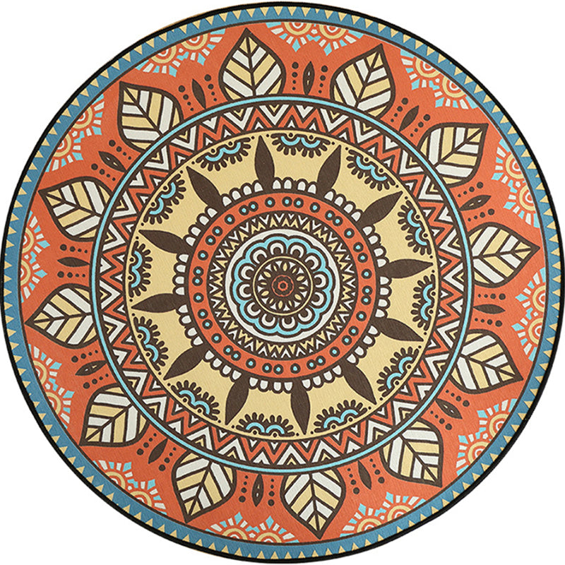 Blue and Orange Tribal Carpet with Leaf Polyester Southwestern Print Non-Slip Back Carpet for Bedroom