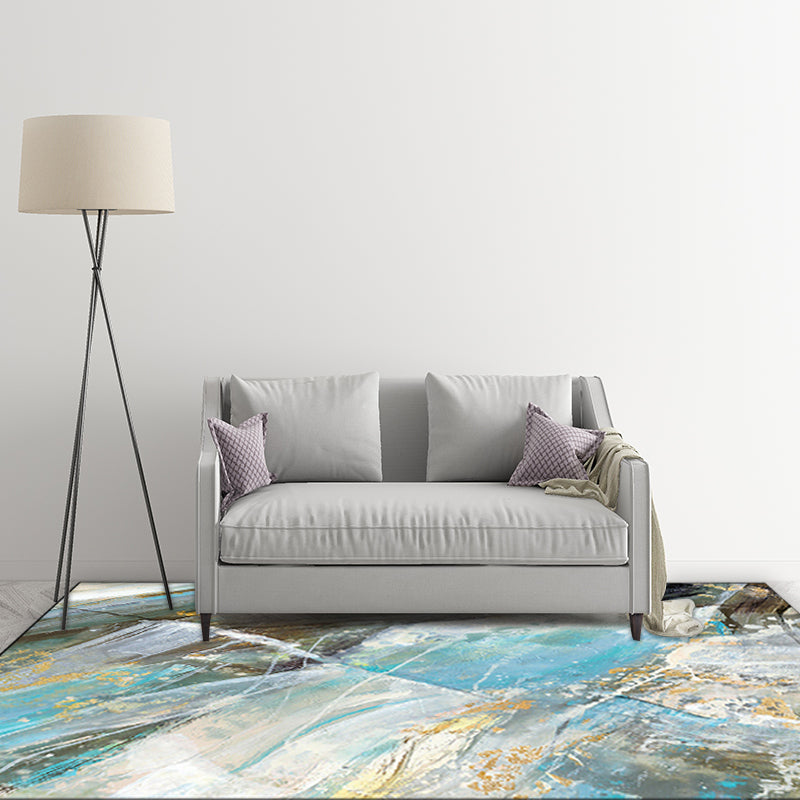 Modern rug for the living room in blue abstract marble pattern rug polyester washable rug