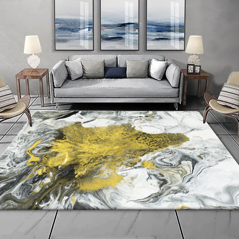 Modern living room rug in white and yellow abstract paint pattern rug polyester washable rug