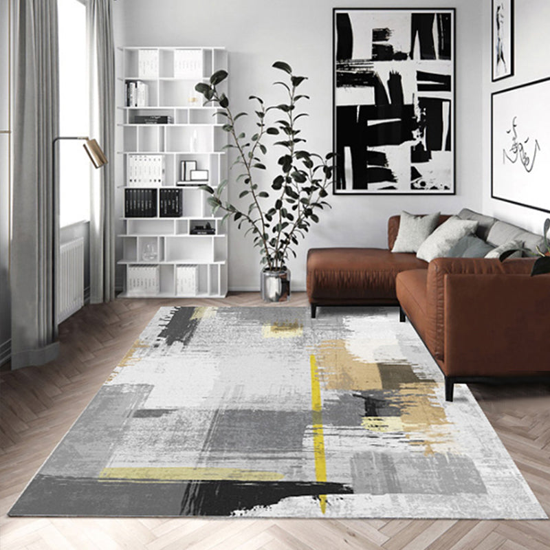 White and yellow funky rug wool leather striped color block rug washable rectangular rug for the bedroom