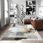 White and yellow funky rug wool leather striped color block rug washable rectangular rug for the bedroom