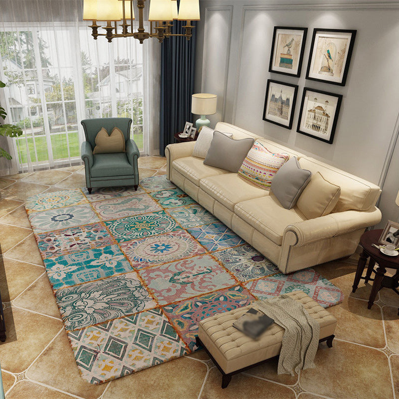 Moroccan Living Room Rug Multicolored Flower Diamond Print Rug Polyester Rug