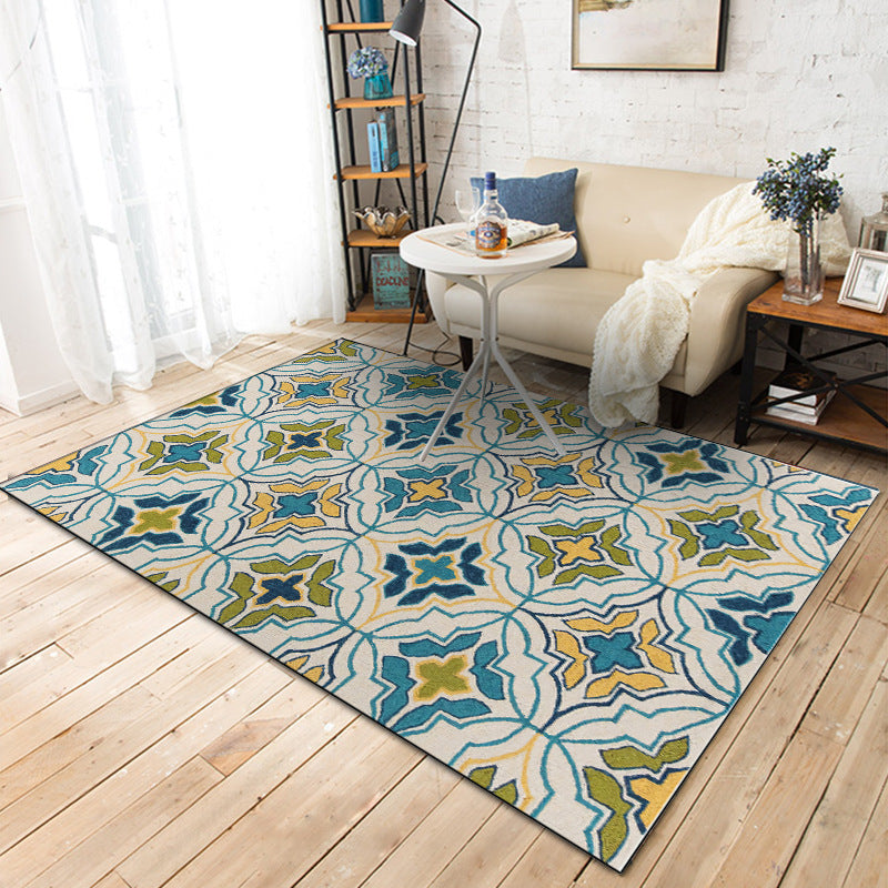 Ivorakariert Moroccan Carpet Polyester Geometric Floral Cross Print Rug Non-Slip Rug for Home Decor