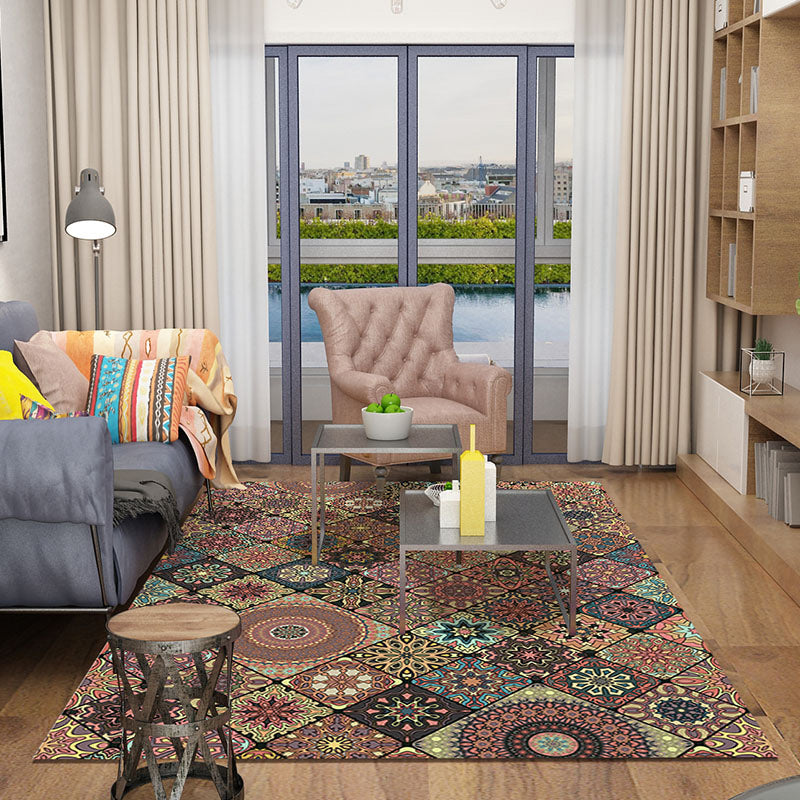 Persian Moroccan rug in brown floral circle square print area rug polyester non-slip rug for living room