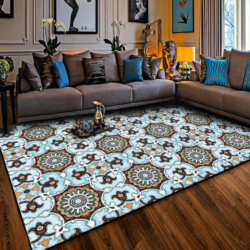 Blue and brown Moroccan carpet polyester floral pattern non-slip rug for home decor