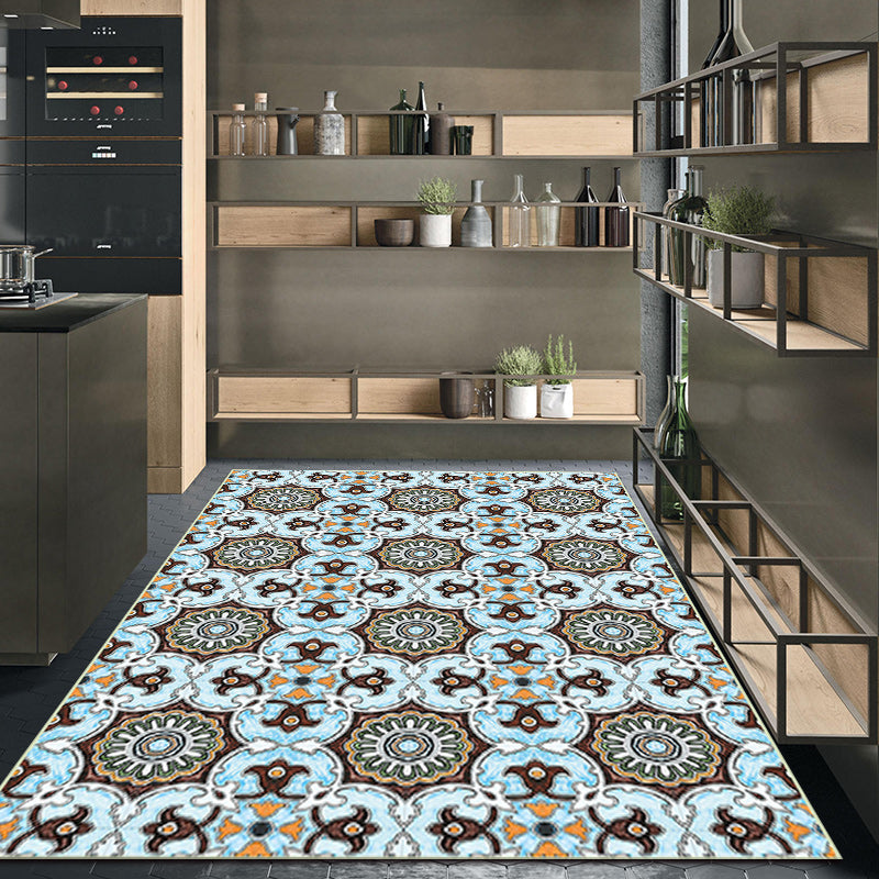 Blue and brown Moroccan carpet polyester floral pattern non-slip rug for home decor