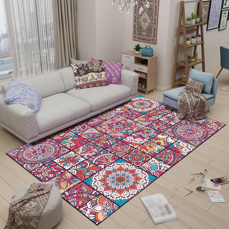 Mediterranean-Moroccan diamond pattern multicolored floral square rug made of polyester non-slip mat for the living room