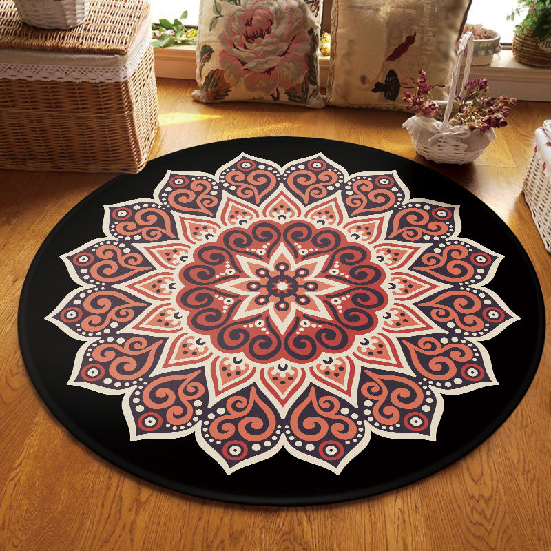 Retro Floral Rug Black and Red Moroccan Rug Polyester Non-Slip Back Rug for Bedroom