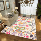Moroccan Living Room Rug in White Floral Leaf Circle Print Rug Polyester Non-Slip Floor Mat