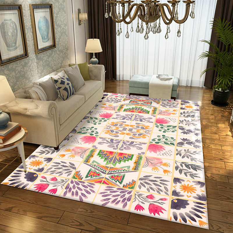 Moroccan Living Room Rug in White Floral Leaf Circle Print Rug Polyester Non-Slip Floor Mat