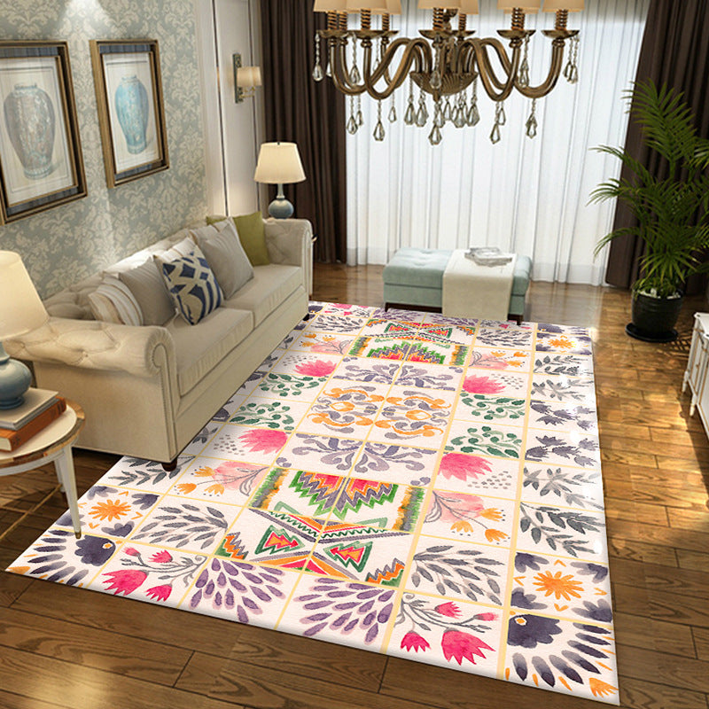 Moroccan Living Room Rug in White Floral Leaf Circle Print Rug Polyester Non-Slip Floor Mat