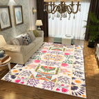 Moroccan Living Room Rug in White Floral Leaf Circle Print Rug Polyester Non-Slip Floor Mat
