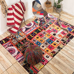 Mediterranean rectangular round patterned rug in black Moroccan rug polyester non-slip backing rug for the bedroom