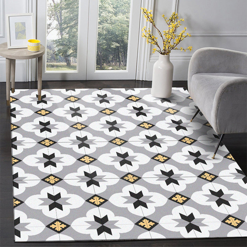 Gray Moroccan Rug Polyester Flower Diamond Print Rug Non-Slip Flooring for Home Decor