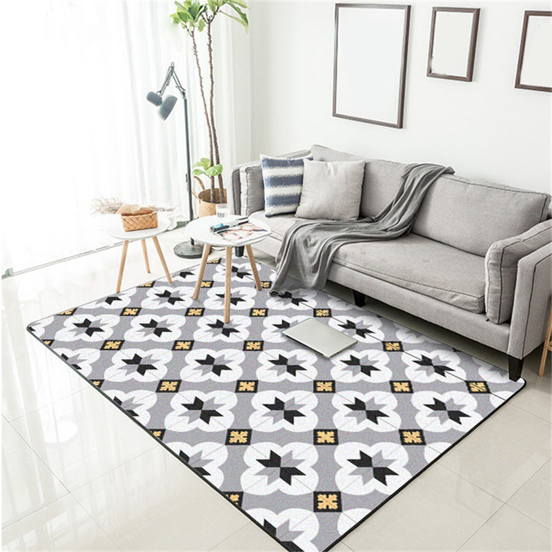 Gray Moroccan Rug Polyester Flower Diamond Print Rug Non-Slip Flooring for Home Decor