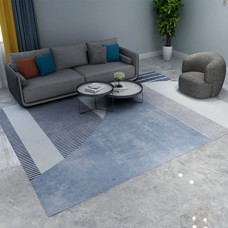 Blue and Gray Simple Rug Polyester Striped Abstract Color Block Rug Washable Rectangular Rug for the Living Room