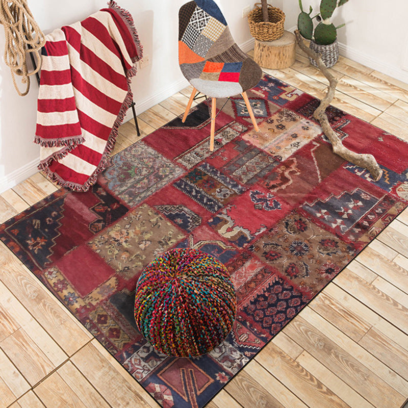 Red Bedroom Carpet Moroccan Rectangular Floral Stripe Printed Carpet Polyester Non-Slip Carpet