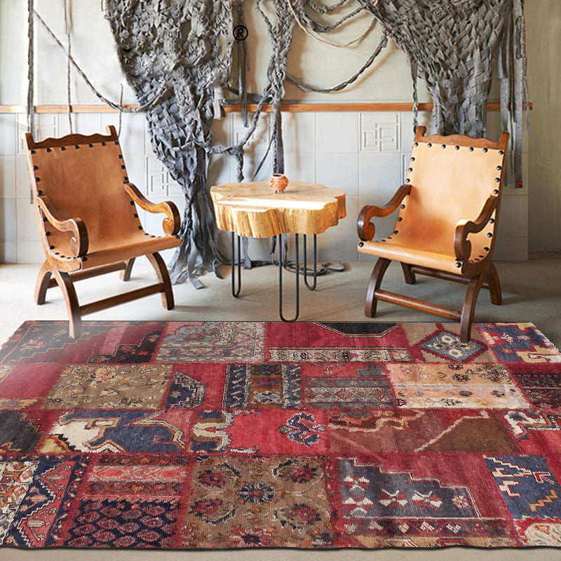 Red Bedroom Carpet Moroccan Rectangular Floral Stripe Printed Carpet Polyester Non-Slip Carpet