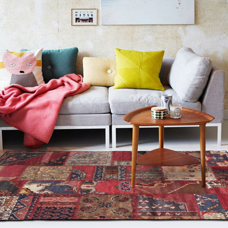 Red Bedroom Carpet Moroccan Rectangular Floral Stripe Printed Carpet Polyester Non-Slip Carpet