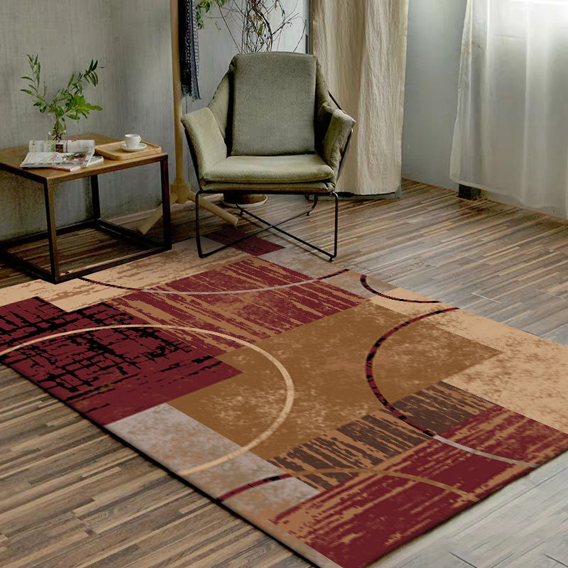 Nordic Modern Carpet in Brown and Red Abstract Circle Rectangle Print Carpet Polyester Washable Carpet for Home Decor