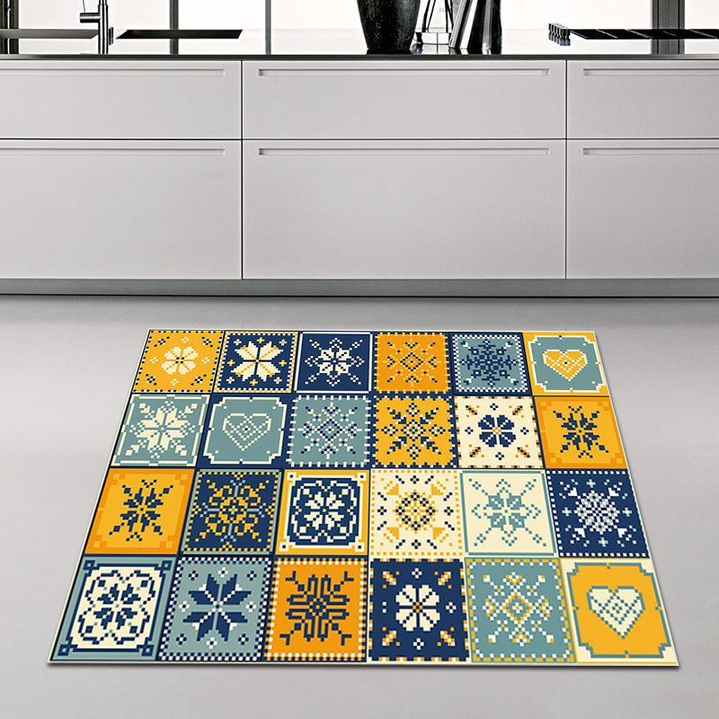 Moroccan Living Room Rug in Yellow and Blue Geometric Snowflake Dots Print Rug Polyester Non-Slip Rug