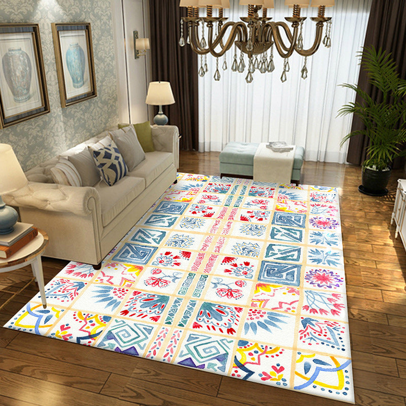 Yellow Moroccan carpet Polyester flowers Greek key square pattern rug non-slip rug for bedroom