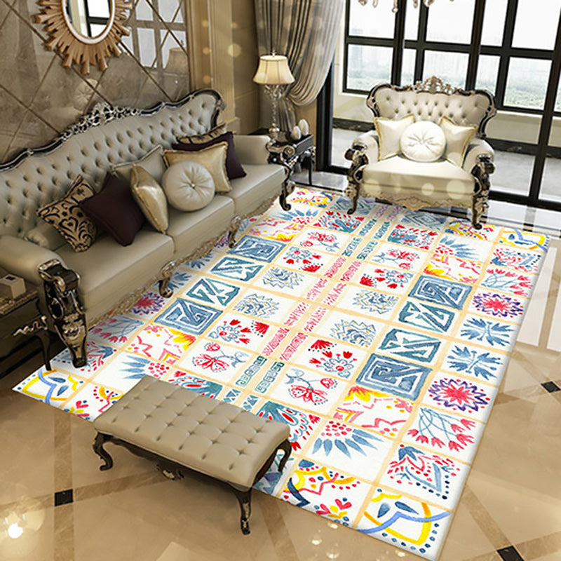 Yellow Moroccan carpet Polyester flowers Greek key square pattern rug non-slip rug for bedroom