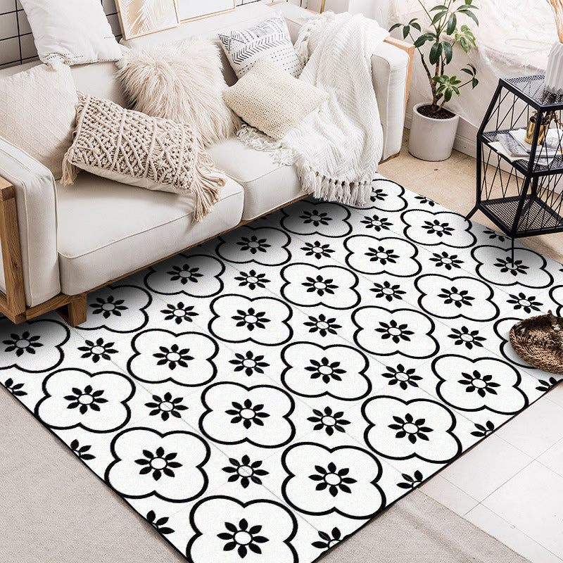 Moroccan living room rug in white floral square pattern rug polyester non-slip area rug
