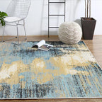 Modern living room rug in blue and yellow abstract color block pattern rug polyester washable rug