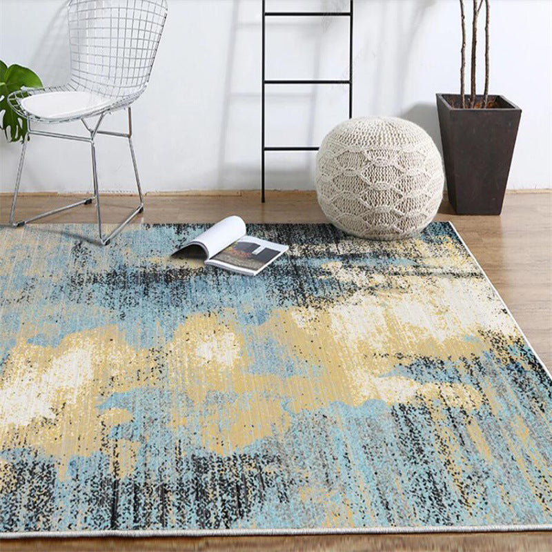 Modern living room rug in blue and yellow abstract color block pattern rug polyester washable rug