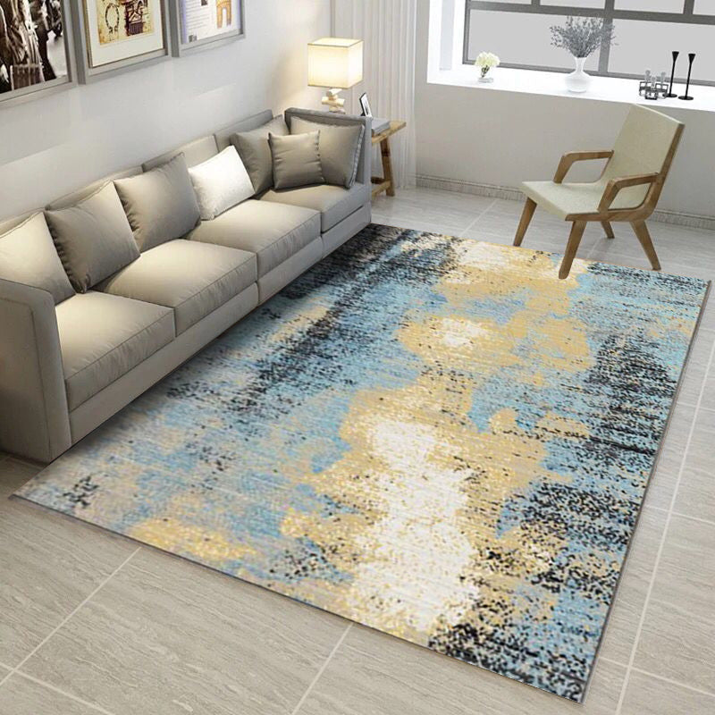 Modern living room rug in blue and yellow abstract color block pattern rug polyester washable rug