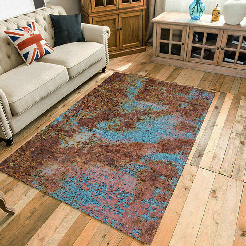 Modern living room rug in brown and blue abstract rust pattern rug polyester washable area rug