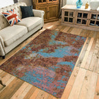 Modern living room rug in brown and blue abstract rust pattern rug polyester washable area rug