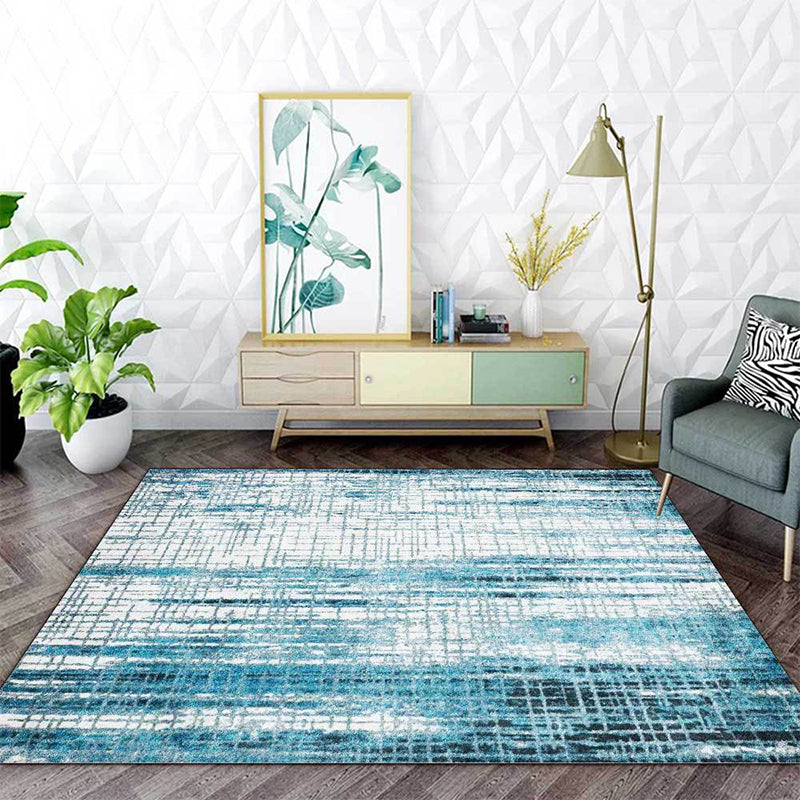 New Modern Rug in Blue and White Abstract Plaid Stripe Print Rug Polyester Washable Rug for Home Decor